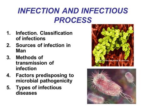 INFECTION AND INFECTIOUS PROCESS 1.Infection. Classification of infections 2.Sources of infection in Man 3.Methods of transmission of infection 4.Factors.