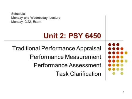 1 Unit 2: PSY 6450 Traditional Performance Appraisal Performance Measurement Performance Assessment Task Clarification Schedule: Monday and Wednesday: