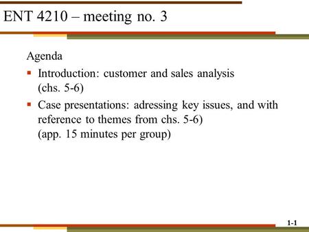 1-1 ENT 4210 – meeting no. 3 Agenda  Introduction: customer and sales analysis (chs. 5-6)  Case presentations: adressing key issues, and with reference.