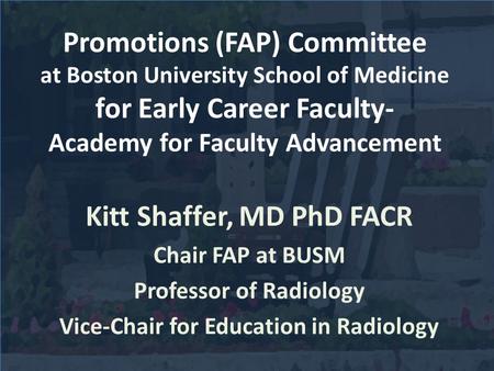 Promotions (FAP) Committee at Boston University School of Medicine for Early Career Faculty- Academy for Faculty Advancement Kitt Shaffer, MD PhD FACR.