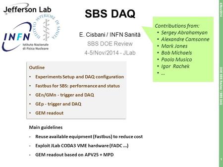 Outline Experiments Setup and DAQ configuration Fastbus for SBS: performance and status GEn/GMn - trigger and DAQ GEp - trigger and DAQ GEM readout Outline.