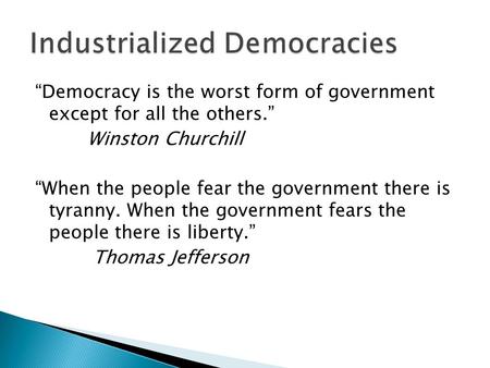 “Democracy is the worst form of government except for all the others.” Winston Churchill “When the people fear the government there is tyranny. When the.