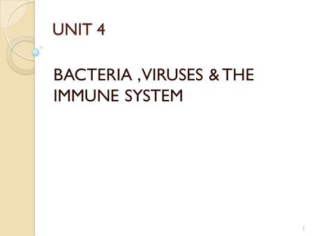 UNIT 4 BACTERIA, VIRUSES & THE IMMUNE SYSTEM 1. BACTERIA Prokaryotes are the smallest and most common microorganisms Single celled organisms; no nucleus;