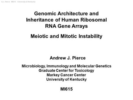 A.J. Pierce MI615 University of Kentucky Genomic Architecture and Inheritance of Human Ribosomal RNA Gene Arrays Meiotic and Mitotic Instability MI615.