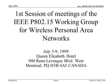 Doc.: IEEE 802.15-99/035r0 Submission July 1999 Robert F. Heile, GTESlide 1 1st Session of meetings of the IEEE P802.15 Working Group for Wireless Personal.