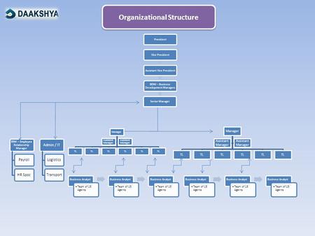 PresidentVice PresidentAssistant Vice President BDM – Business Development Managers Senior Manager Business Analyst Team of 15 Agents Business Analyst.