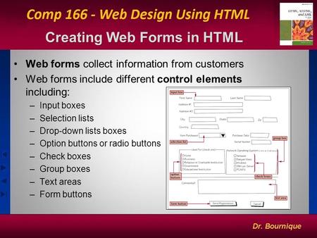 1 Creating Web Forms in HTML Web forms collect information from customers Web forms include different control elements including: –Input boxes –Selection.