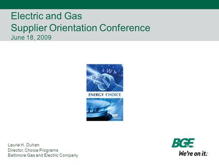 Electric and Gas Supplier Orientation Conference June 18, 2009 Laurie H. Duhan Director, Choice Programs Baltimore Gas and Electric Company.