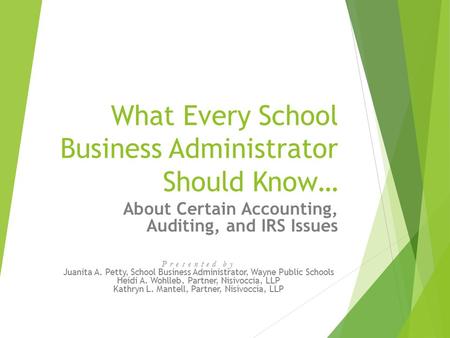 What Every School Business Administrator Should Know… About Certain Accounting, Auditing, and IRS Issues Presented by Juanita A. Petty, School Business.