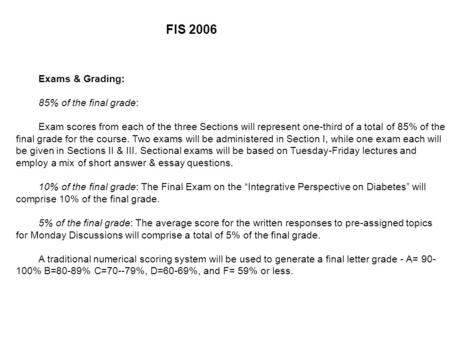 Exams & Grading: 85% of the final grade: Exam scores from each of the three Sections will represent one-third of a total of 85% of the final grade for.