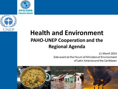 Health and Environment PAHO-UNEP Cooperation and the Regional Agenda 11 March 2014 Side event at the Forum of Ministers of Environment of Latin America.