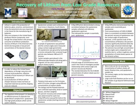 Recovery of Lithium from Low Grade Resources Faculty Advisors: Dr. William Cross, Dr. Jon Kellar Carly Merling (University of Dayton ) Research Experience.