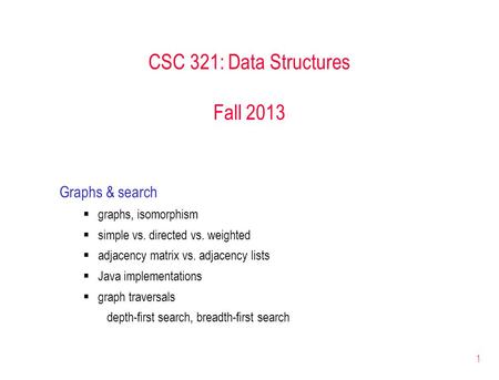 1 CSC 321: Data Structures Fall 2013 Graphs & search  graphs, isomorphism  simple vs. directed vs. weighted  adjacency matrix vs. adjacency lists 