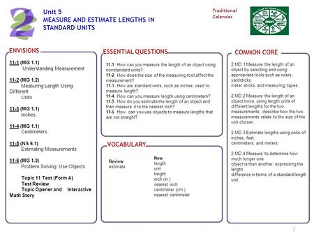 1 COMMON CORE ENVISIONS Unit 5 MEASURE AND ESTIMATE LENGTHS IN STANDARD UNITS 11-1 (MG 1.1) Understanding Measurement 11-2 (MG 1.2) Measuring Length Using.