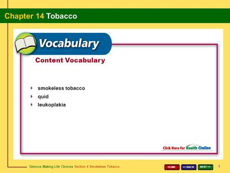 Glencoe Making Life Choices Section 4 Smokeless Tobacco Chapter 14 Tobacco 1 > HOME Content Vocabulary smokeless tobacco quid leukoplakia.