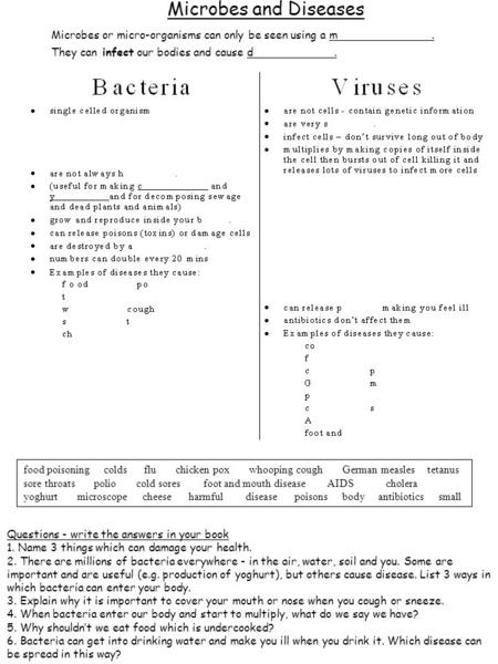 Microbes and Diseases Microbes or micro-organisms can only be seen using a m . They can infect our bodies and cause d.