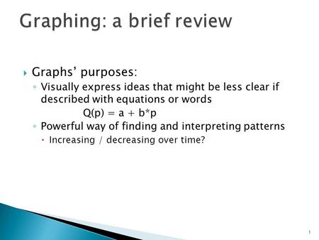  Graphs’ purposes: ◦ Visually express ideas that might be less clear if described with equations or words Q(p) = a + b*p ◦ Powerful way of finding and.