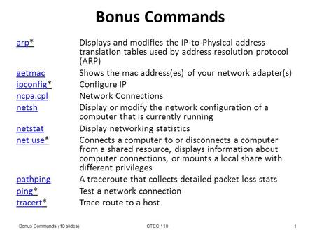 Arparp* Displays and modifies the IP-to-Physical address translation tables used by address resolution protocol (ARP) getmacgetmac Shows the mac address(es)