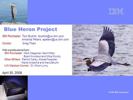 © 2008 IBM Corporation Blue Heron Project IBM Rochester: Tom Budnik: Amanda Peters: Condor: Greg Thain With contributions.