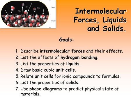 Intermolecular Forces, Liquids and Solids. Goals: 1.Describe intermolecular forces and their effects. 2.List the effects of hydrogen bonding. 3.List the.