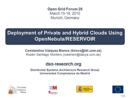 1/52 Distributed Systems Architecture Research Group Universidad Complutense de Madrid Deployment of Private and Hybrid Clouds Using OpenNebula/RESERVOIR.