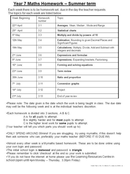 Year 7 Maths Homework – Summer term