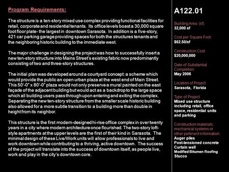 A122.01 Building Area: (sf) 32,000 sf Cost per Square Foot: $62.50/sf Construction Cost $20,000,000 Date of Substantial Completion: May 2006 Location of.