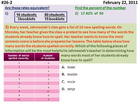 #26-2 February 22, 2011 Are these rates equivalent?Find the percent of the number 1)2) 17.92% of 50 3) Every week, Jahmeelah’s class gets a list of 10.