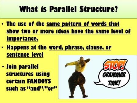 The use of the same pattern of words that show two or more ideas have the same level of importance. Happens at the word, phrase, clause, or sentence level.