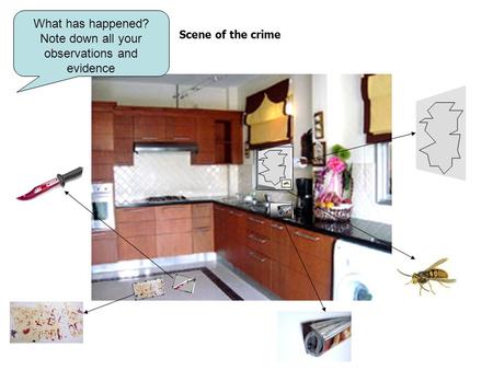 Scene of the crime What has happened? Note down all your observations and evidence.