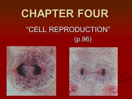 CHAPTER FOUR “CELL REPRODUCTION” (p.96) (p.96) -is also known as cell division -or mitosis or fission. Cell Reproduction.