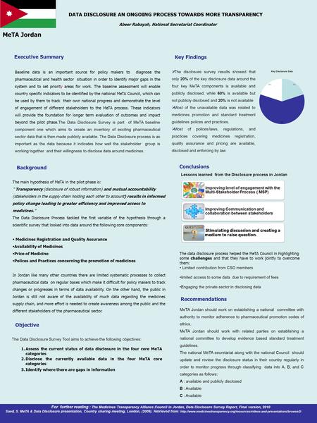 MeTA Jordan Executive Summary Baseline data is an important source for policy makers to diagnose the pharmaceutical and health sector situation in order.