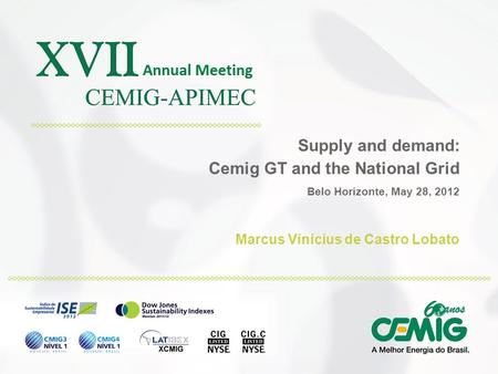 Supply and demand: Cemig GT and the National Grid Belo Horizonte, May 28, 2012 Marcus Vinícius de Castro Lobato.