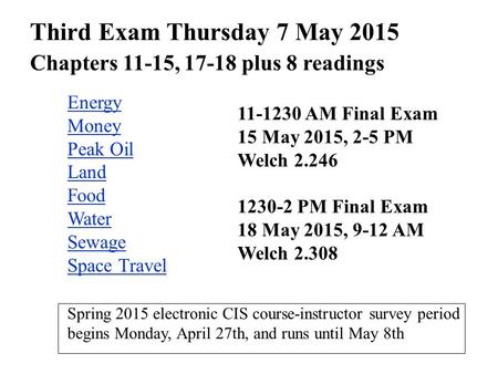 Energy Money Peak Oil Land Food Water Sewage Space Travel Spring 2015 electronic CIS course-instructor survey period begins Monday, April 27th, and runs.