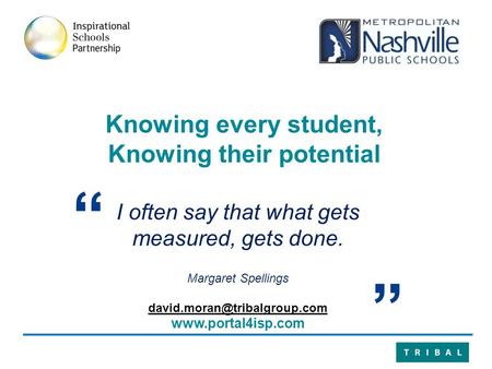 “ I often say that what gets measured, gets done. Margaret Spellings  ” Knowing every student, Knowing their.