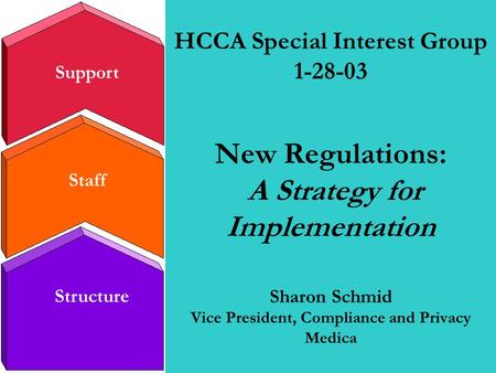 Staff Structure Support HCCA Special Interest Group 1-28-03 New Regulations: A Strategy for Implementation Sharon Schmid Vice President, Compliance and.