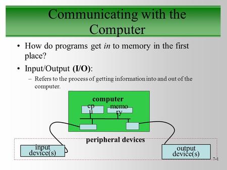 7-1 Communicating with the Computer How do programs get in to memory in the first place? Input/Output (I/O): –Refers to the process of getting information.