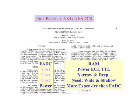 First Paper in 1984 on FADCS FADC Cost Power RAM Power ECL TTL Narrow & Deep Need: Wide & Shallow More Expensive then FADC.