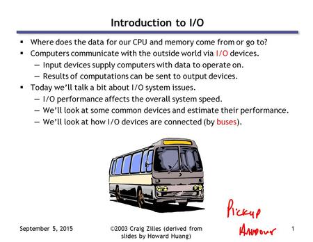 September 5, 2015©2003 Craig Zilles (derived from slides by Howard Huang) 1 Introduction to I/O  Where does the data for our CPU and memory come from.