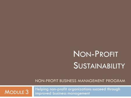 NON-PROFIT BUSINESS MANAGEMENT PROGRAM Helping non-profit organizations succeed through improved business management N ON -P ROFIT S USTAINABILITY M ODULE.