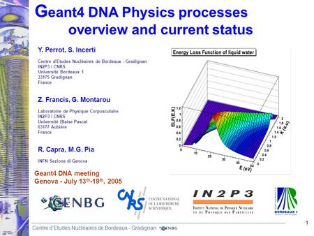 1 Centre d’Etudes Nucléaires de Bordeaux - Gradignan G eant4 DNA Physics processes overview and current status Y. Perrot, S. Incerti Centre d'Etudes Nucléaires.