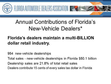 Annual Contributions of Florida’s New-Vehicle Dealers* Florida’s dealers maintain a multi-BILLION dollar retail industry. 954 new-vehicle dealerships Total.