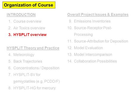 Organization of Course INTRODUCTION 1.Course overview 2.Air Toxics overview 3.HYSPLIT overview HYSPLIT Theory and Practice 4.Meteorology 5.Back Trajectories.