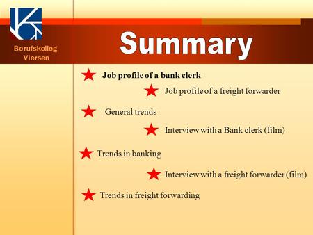 Berufskolleg Viersen Job profile of a bank clerk Job profile of a freight forwarder General trends Interview with a Bank clerk (film) Trends in banking.