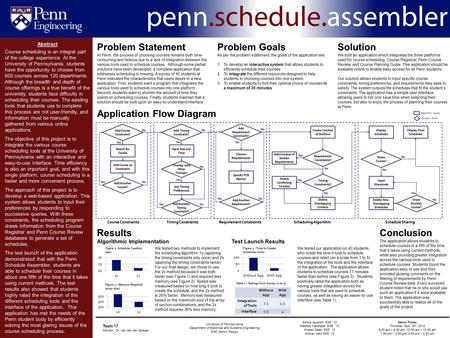 Team 20 Advisor Dr. John Keenan 2:30 pm – 3:00 pm 3:00 pm – 3:30 pm Abstract Course scheduling is an integral part of the college experience. At the University.