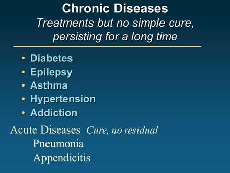 Chronic Diseases Treatments but no simple cure, persisting for a long time DiabetesDiabetes EpilepsyEpilepsy AsthmaAsthma HypertensionHypertension AddictionAddiction.