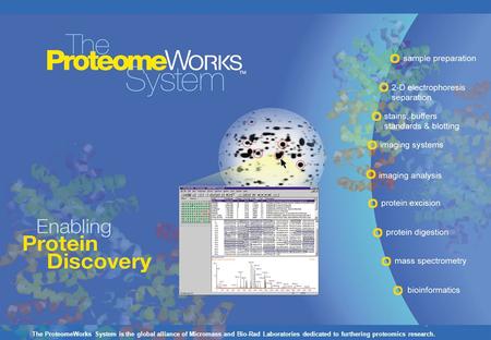 The ProteomeWorks System is the global alliance of Micromass and Bio-Rad Laboratories dedicated to furthering proteomics research.