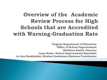 Virginia Department of Education Office of School Improvement Kathleen Smith, Director Lynn Sodat, School Improvement Specialist Jo Ann Burkholder, Student.
