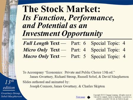 To Accompany “Economics: Private and Public Choice 13th ed.” James Gwartney, Richard Stroup, Russell Sobel, & David Macpherson Slides authored and animated.