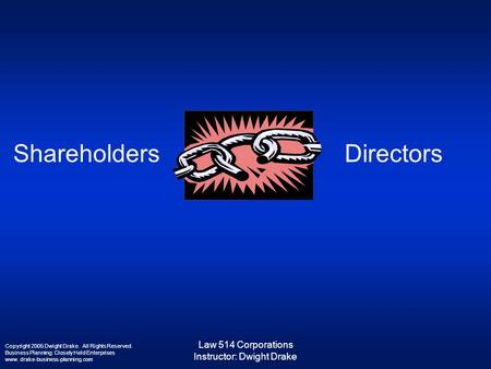 Law 514 Corporations Instructor: Dwight Drake Copyright 2005 Dwight Drake. All Rights Reserved. Business Planning: Closely Held Enterprises www. drake-business-planning.com.